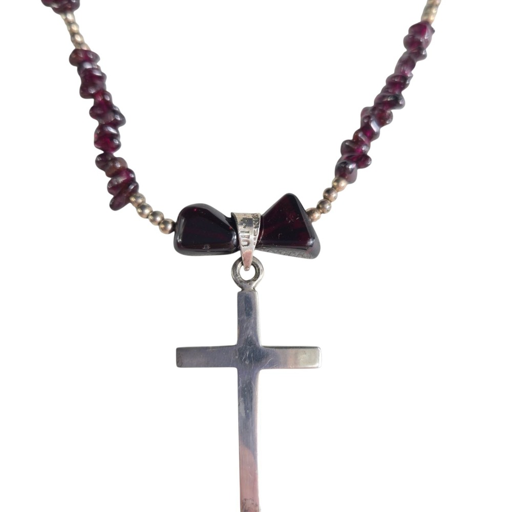 Taxco 925 Rhodolite‎ Garnet Bead Necklace Sterling Cross Pendant Vtg Religious